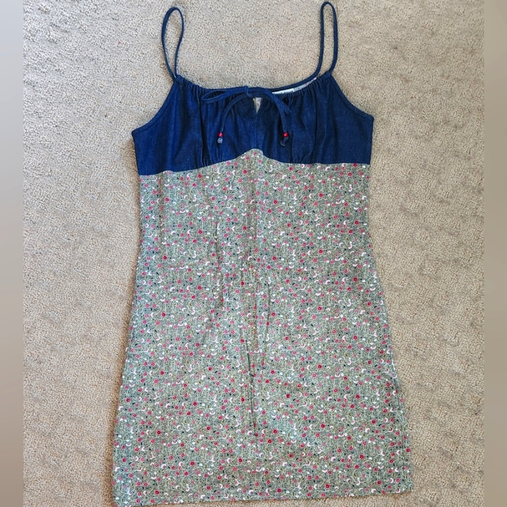 Y2K 2000's Babydoll Beaded Spaghetti Strap Floral Mini Dress Juniors 9 / M Denim